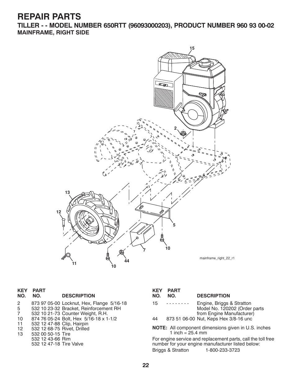 Mainframe / rightside, Repair parts | Husqvarna 650RTT User Manual | Page 22 / 28