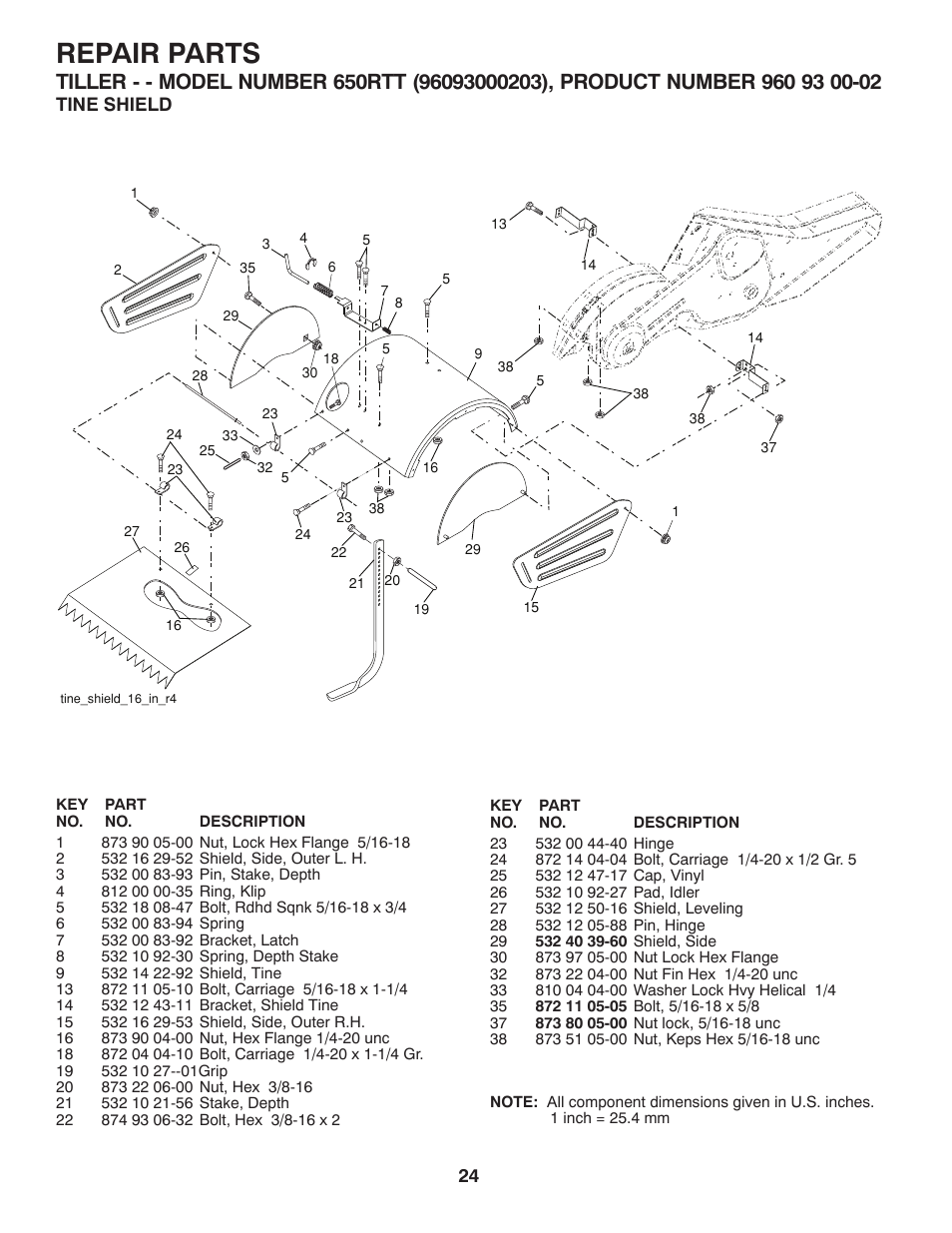 Tine sheild, Repair parts | Husqvarna 650RTT User Manual | Page 24 / 28