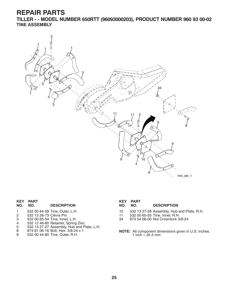Tine assembly, Repair parts | Husqvarna 650RTT User Manual | Page 25 / 28