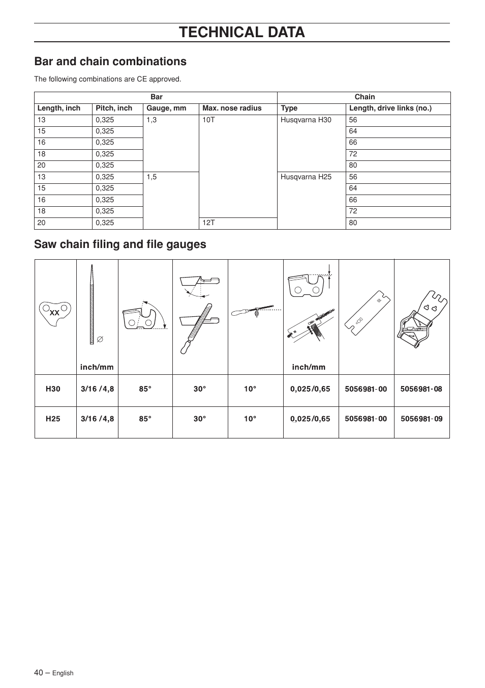 Bar and chain combinations, Saw chain filing and file gauges, Technical data | Husqvarna TAC 345e User Manual | Page 40 / 44