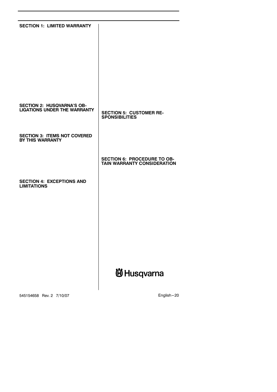 Warranty statement | Husqvarna 125B User Manual | Page 20 / 47