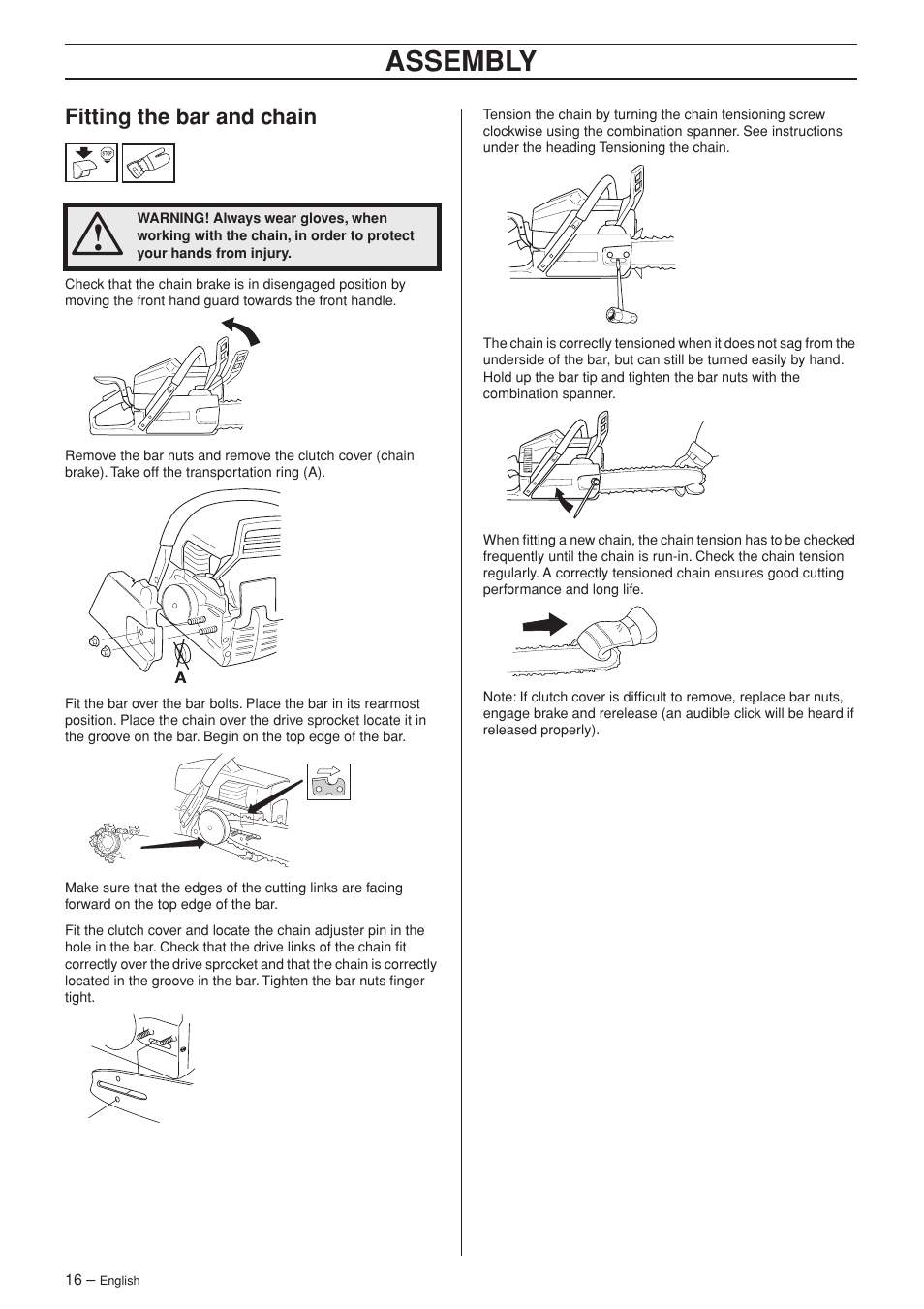 Fitting the bar and chain, Assembly | Husqvarna 346XP/ 351 User Manual | Page 16 / 44