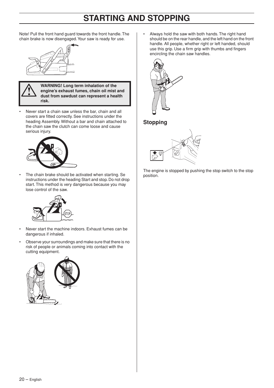 Stopping, Starting and stopping | Husqvarna 346XP/ 351 User Manual | Page 20 / 44
