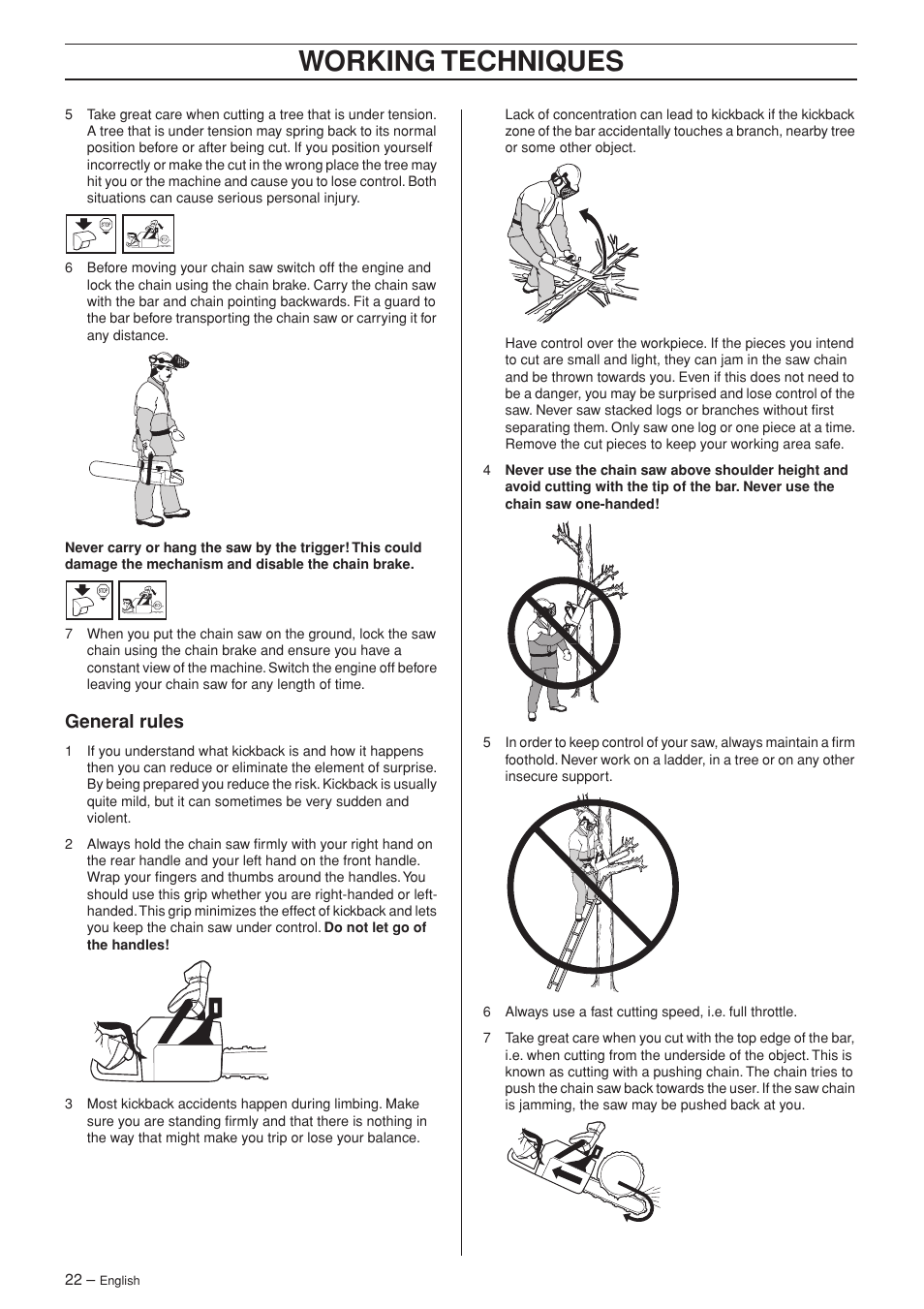 General rules, Working techniques | Husqvarna 346XP/ 351 User Manual | Page 22 / 44