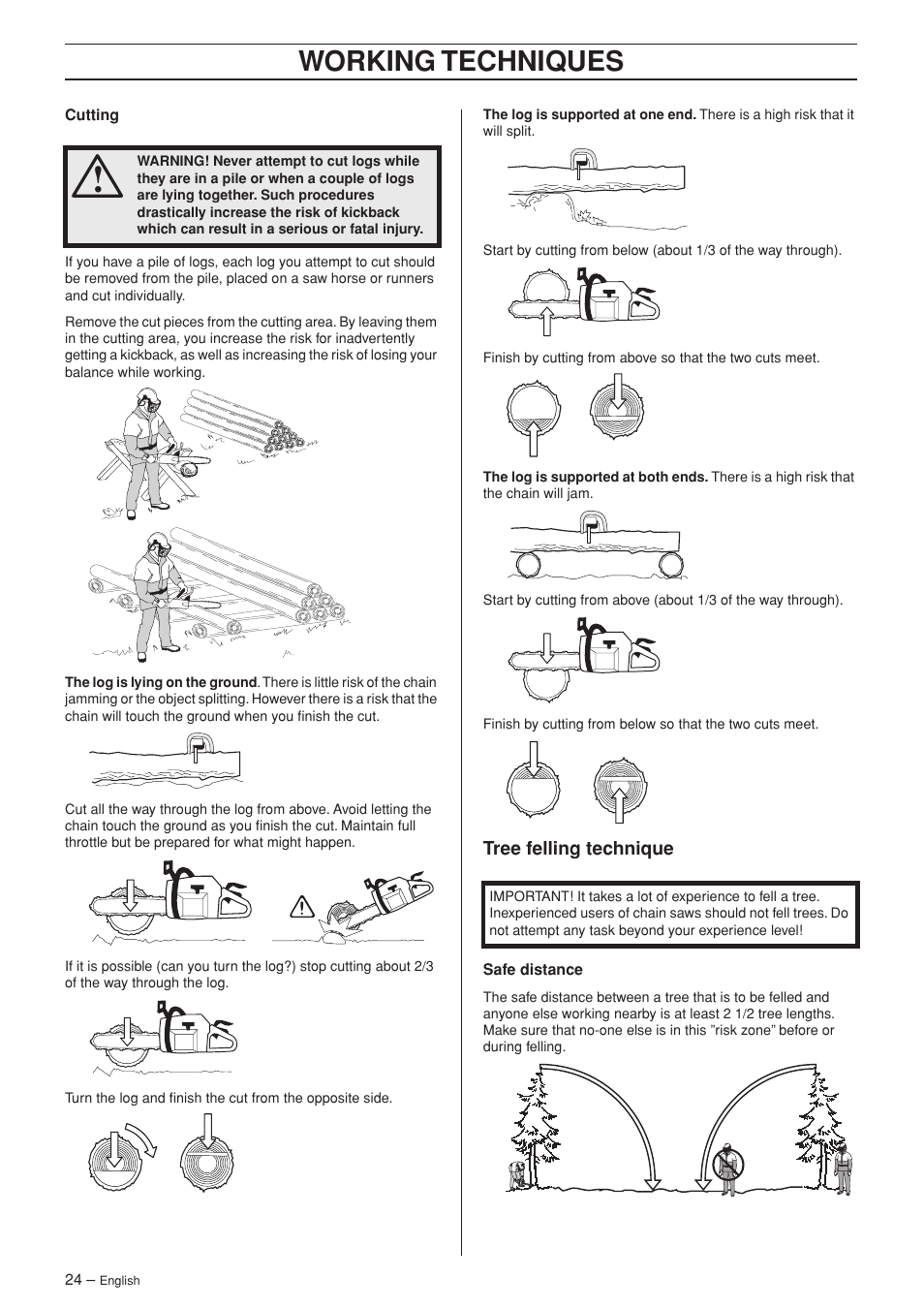 Tree felling technique, Working techniques | Husqvarna 346XP/ 351 User Manual | Page 24 / 44