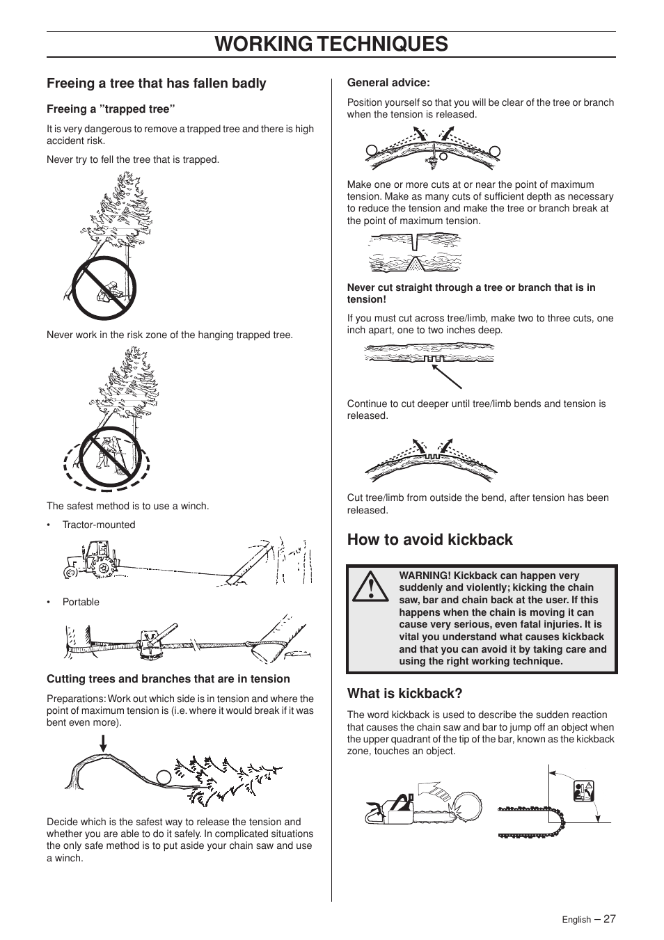 Freeing a tree that has fallen badly, How to avoid kickback, What is kickback | Working techniques | Husqvarna 346XP/ 351 User Manual | Page 27 / 44
