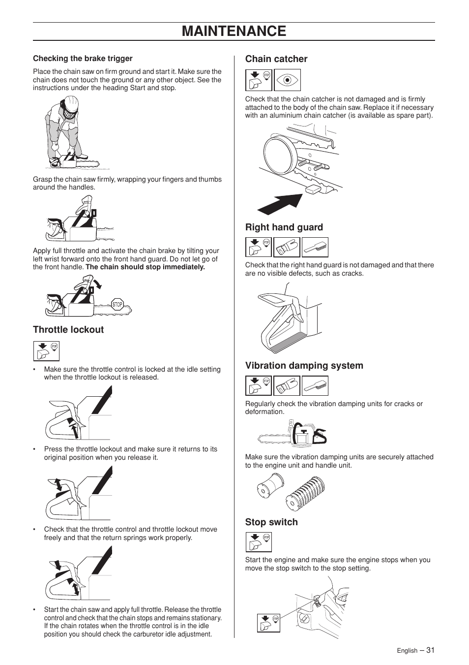 Throttle lockout, Chain catcher, Right hand guard | Vibration damping system, Stop switch, Maintenance | Husqvarna 346XP/ 351 User Manual | Page 31 / 44