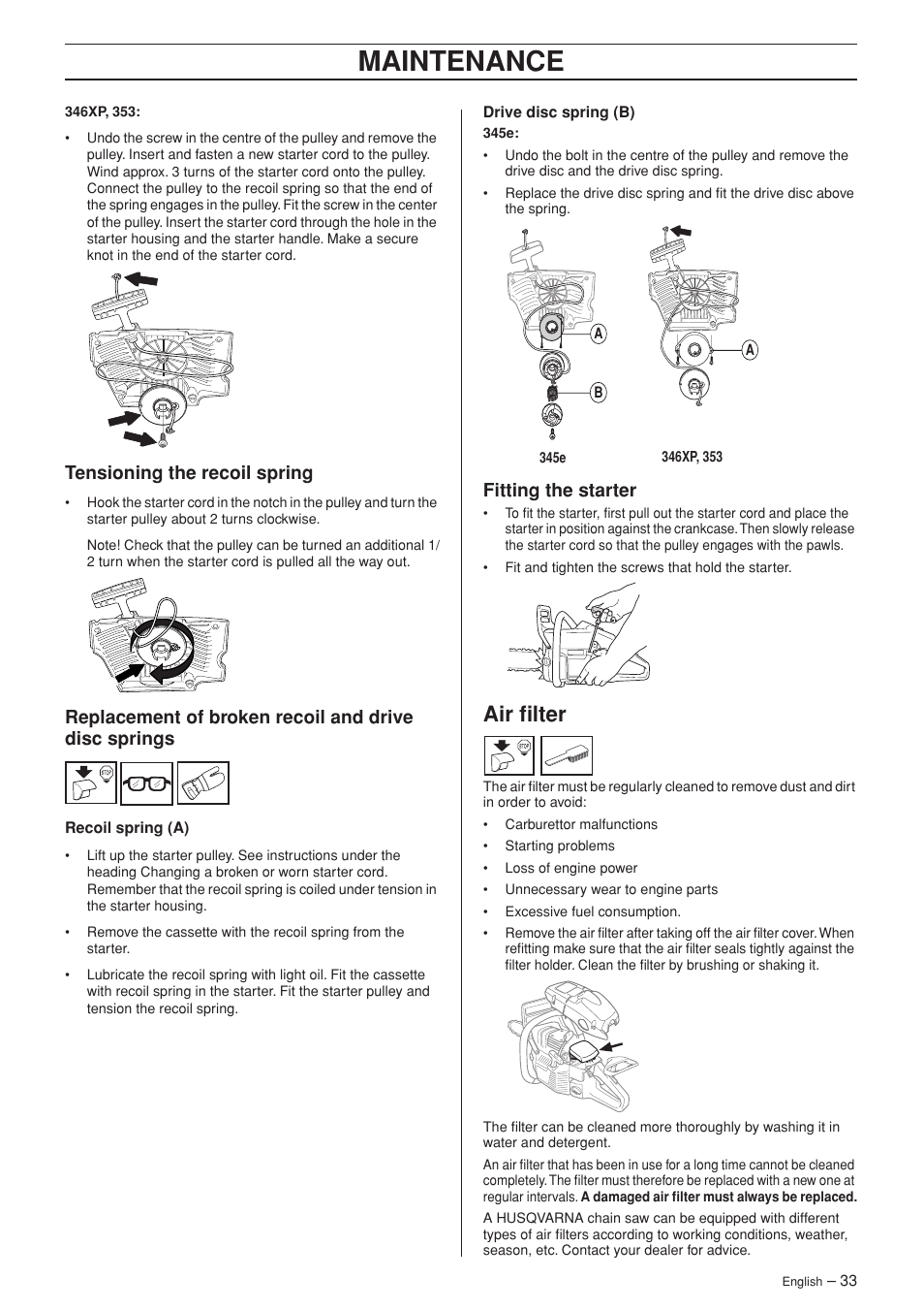 Tensioning the recoil spring, Fitting the starter, Air filter | Maintenance | Husqvarna 346XP/ 351 User Manual | Page 33 / 44