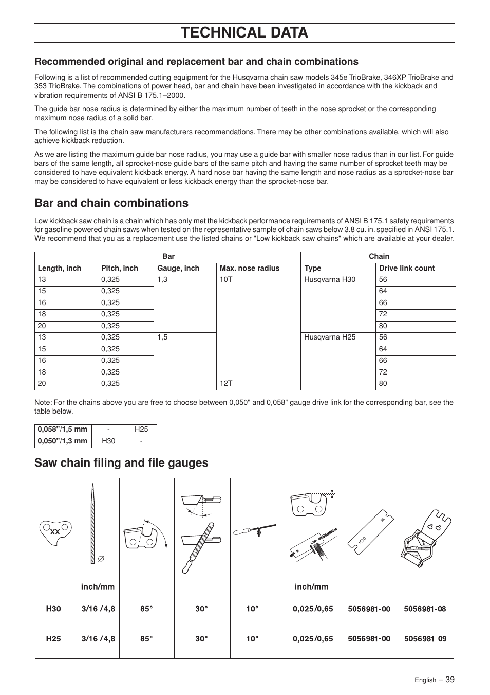 Bar and chain combinations, Saw chain filing and file gauges, Technical data | Husqvarna 346XP/ 351 User Manual | Page 39 / 44