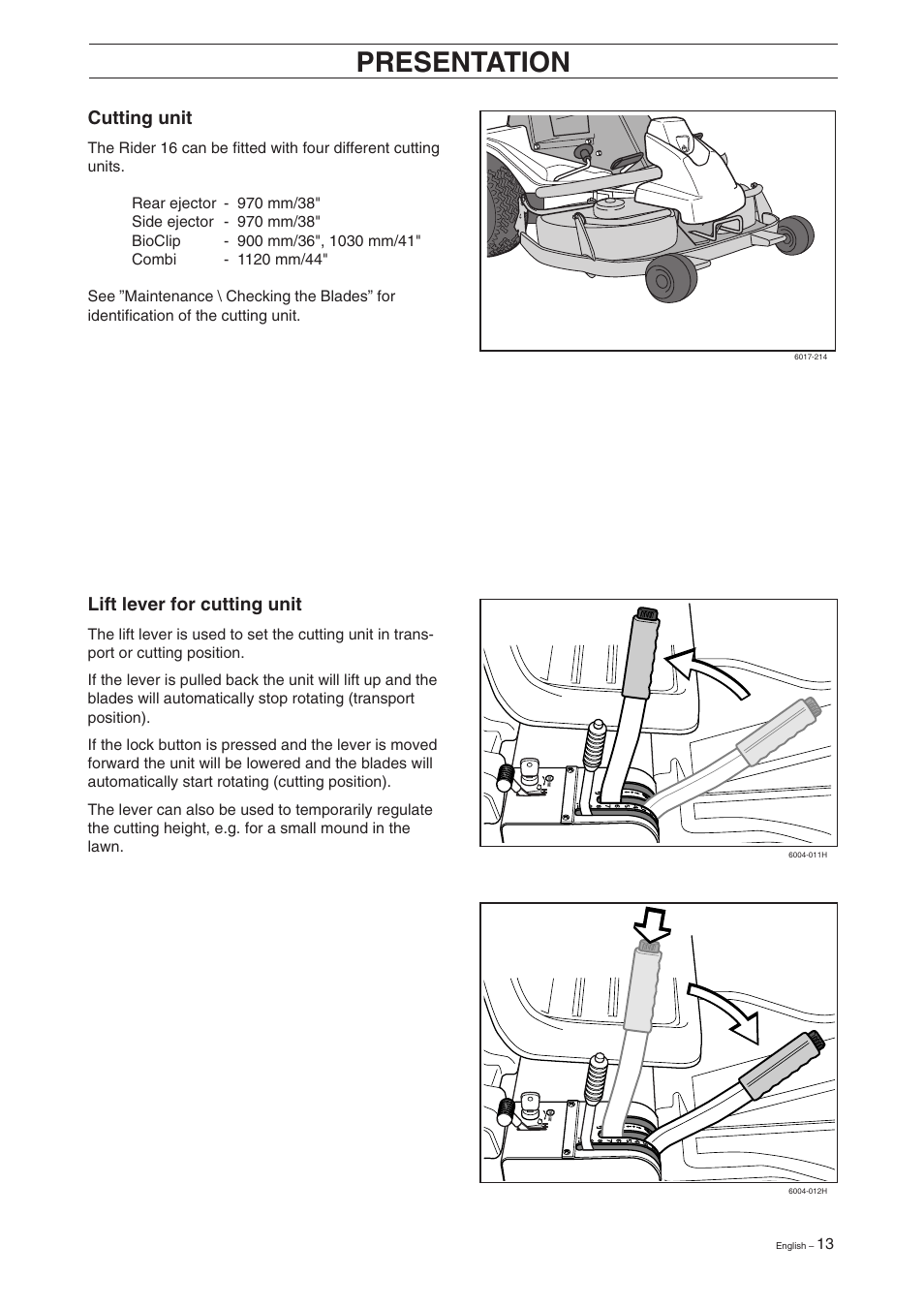 Presentation, Cutting unit, Lift lever for cutting unit | Husqvarna 16 User Manual | Page 15 / 52