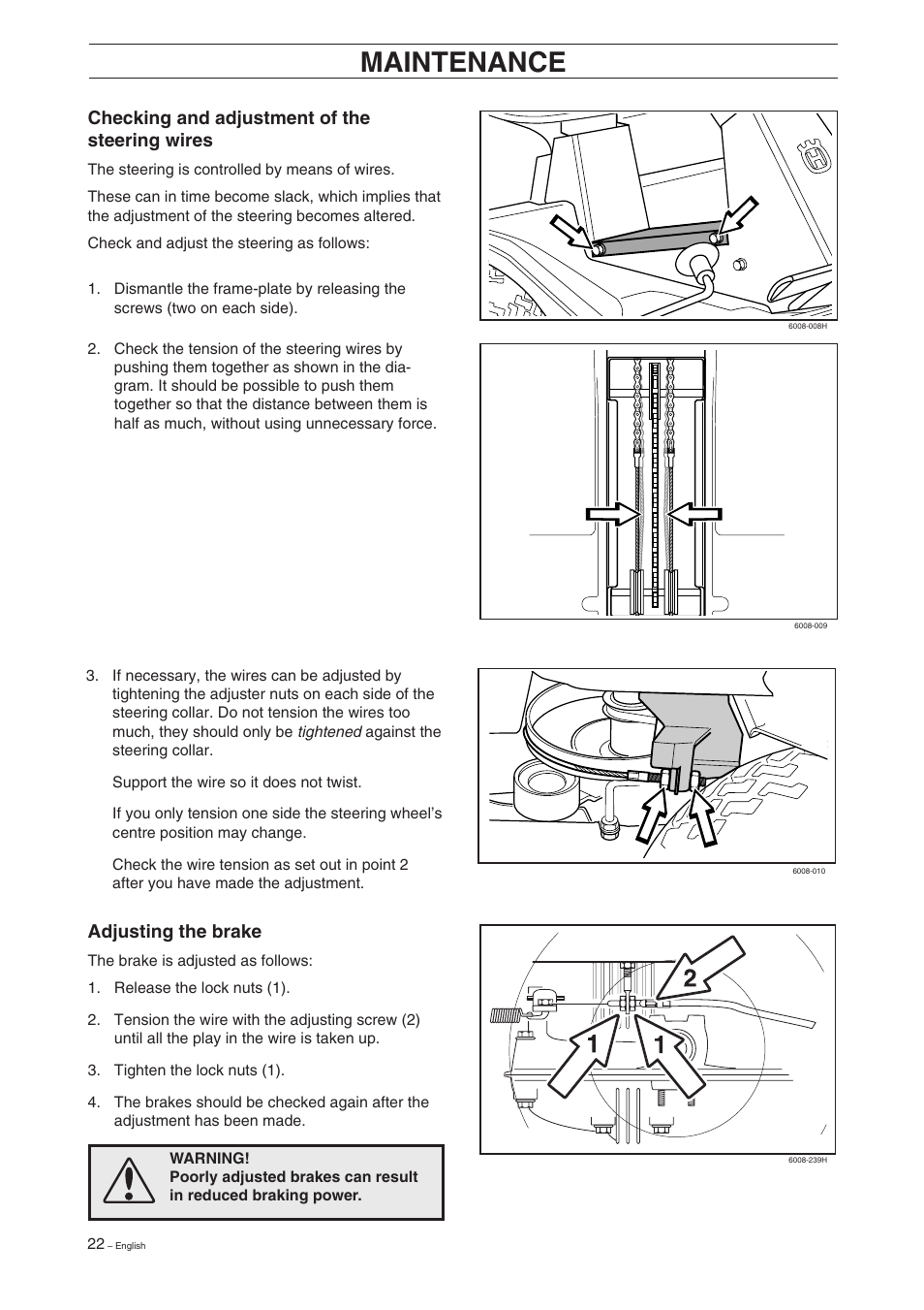 Maintenance, Checking and adjustment of the steering wires, Adjusting the brake | Husqvarna 16 User Manual | Page 24 / 52