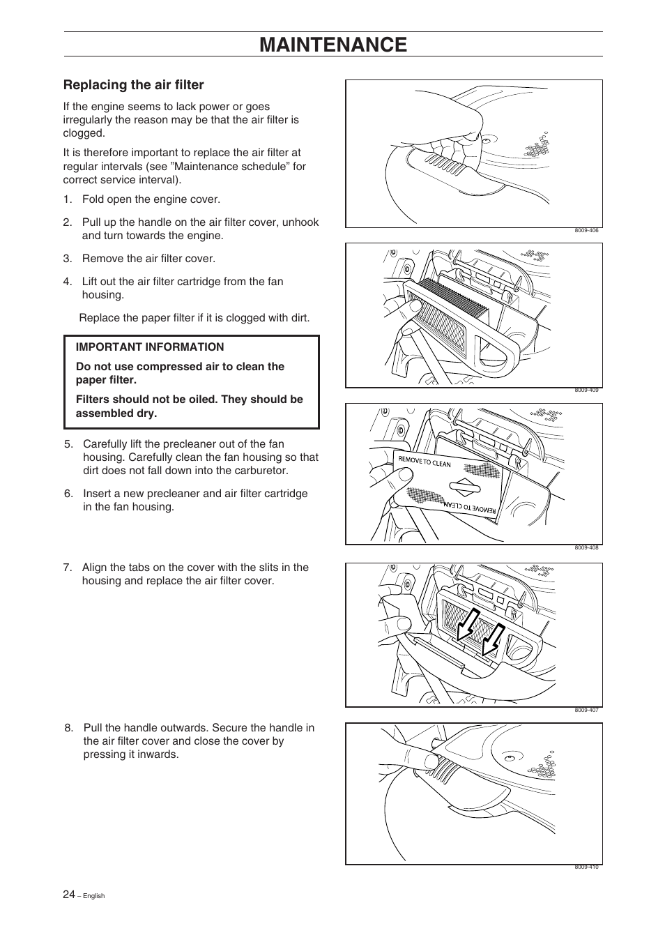 Maintenance, Replacing the air filter | Husqvarna 16 User Manual | Page 26 / 52