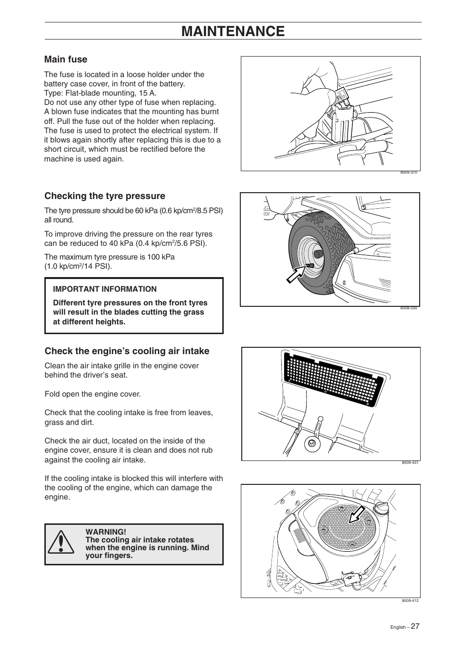 Maintenance, Check the engine’s cooling air intake, Checking the tyre pressure | Main fuse | Husqvarna 16 User Manual | Page 29 / 52