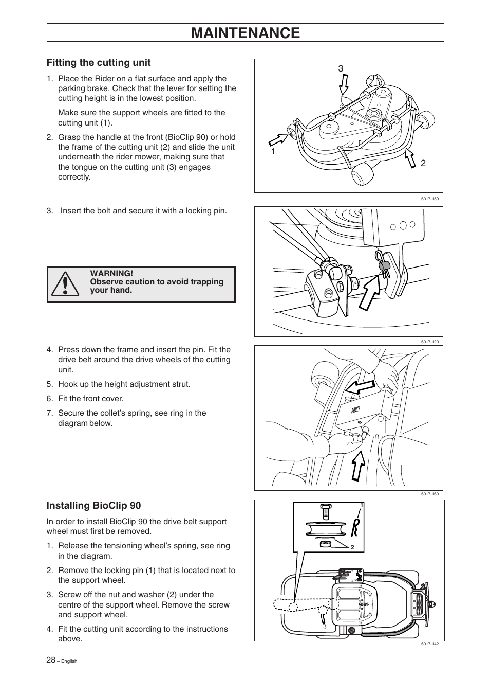 Maintenance, Fitting the cutting unit, Installing bioclip 90 | Husqvarna 16 User Manual | Page 30 / 52