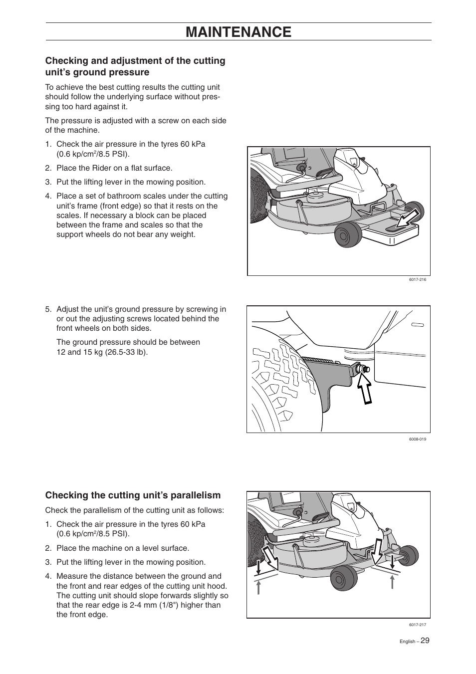 Maintenance, Checking the cutting unit’s parallelism | Husqvarna 16 User Manual | Page 31 / 52