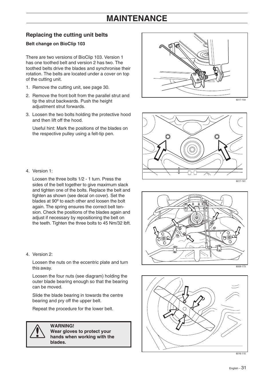 Maintenance, Replacing the cutting unit belts | Husqvarna 16 User Manual | Page 33 / 52