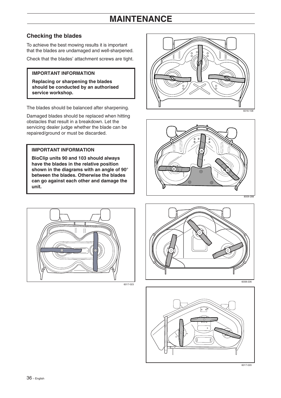 Maintenance, Checking the blades | Husqvarna 16 User Manual | Page 38 / 52
