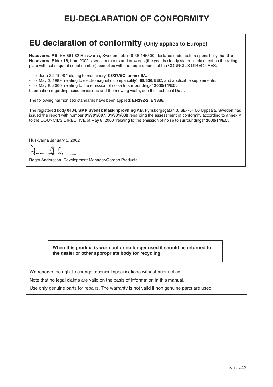 Eu-declaration of conformity | Husqvarna 16 User Manual | Page 45 / 52