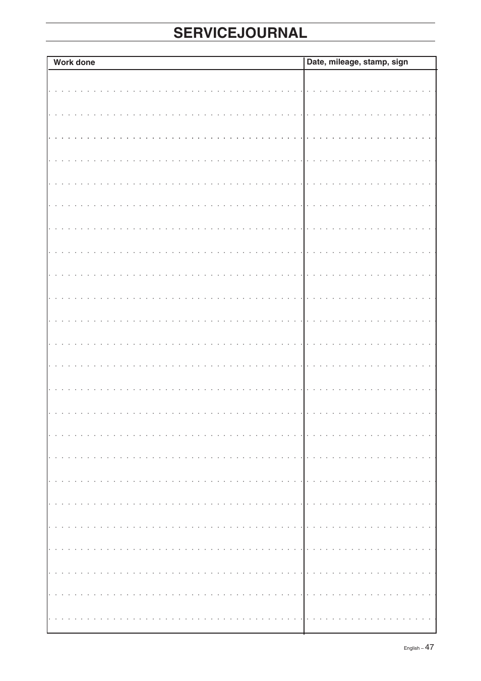 Servicejournal | Husqvarna 16 User Manual | Page 49 / 52