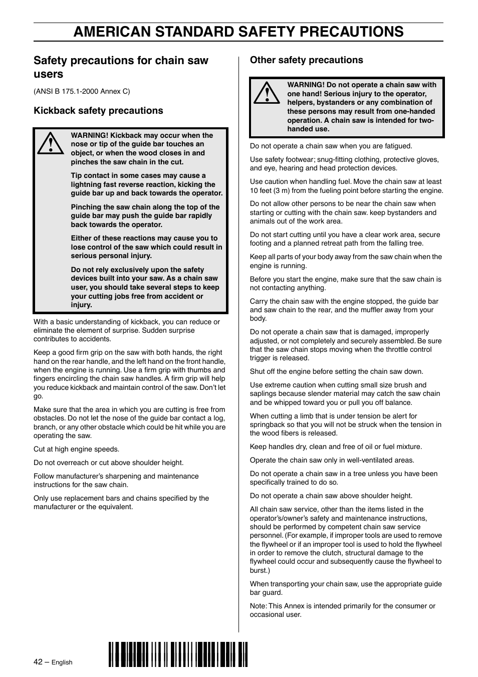 American standard safety precautions, Z+h8)¶5m, Safety precautions for chain saw users | Husqvarna 570 User Manual | Page 42 / 44