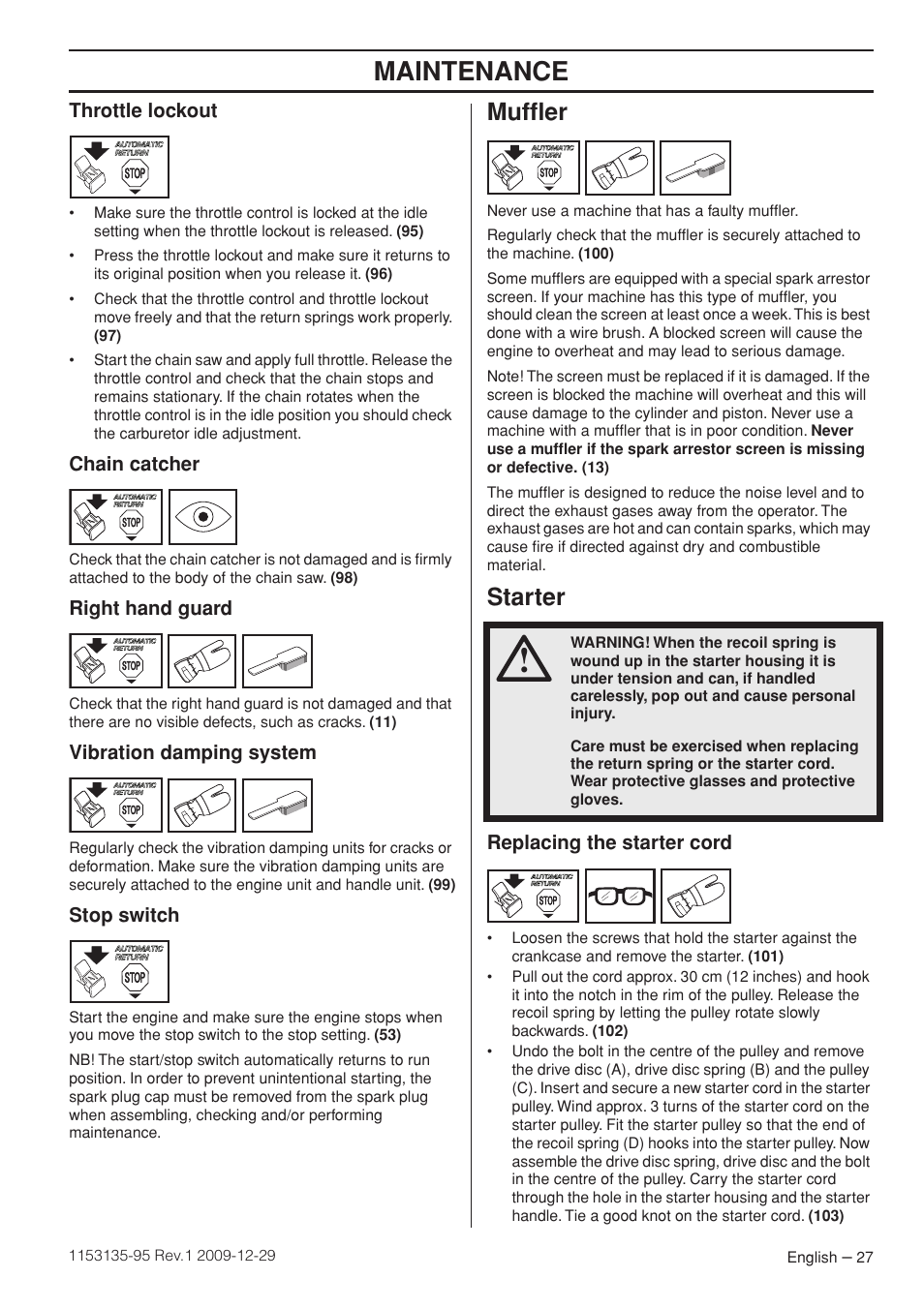 Throttle lockout, Chain catcher, Right hand guard | Vibration damping system, Stop switch, Muffler, Starter, Replacing the starter cord, Maintenance | Husqvarna 435 User Manual | Page 27 / 36