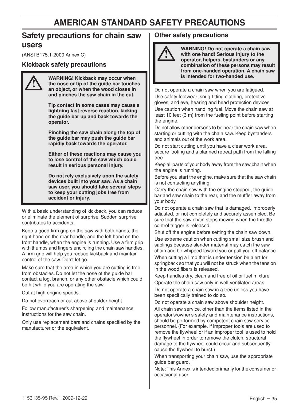 Safety precautions for chain saw users, Kickback safety precautions, Other safety precautions | American standard safety precautions | Husqvarna 435 User Manual | Page 35 / 36