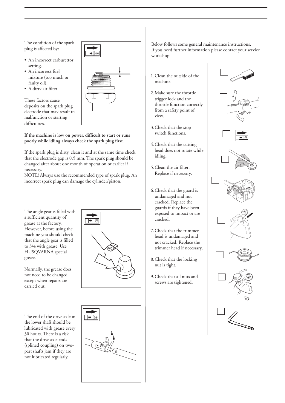 Maintenance, Spark plug, Angle gear | Two-part shaft, Maintenance schedule | Husqvarna 240L User Manual | Page 19 / 24