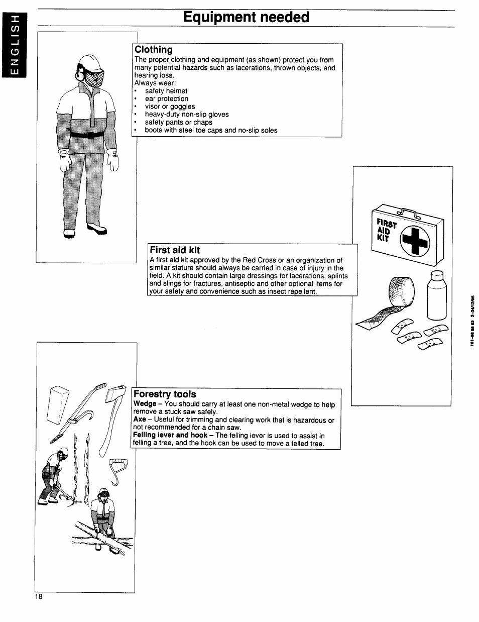 Equipment needed, Clothing, First aid kit | Forestry tools | Husqvarna 36 User Manual | Page 18 / 22