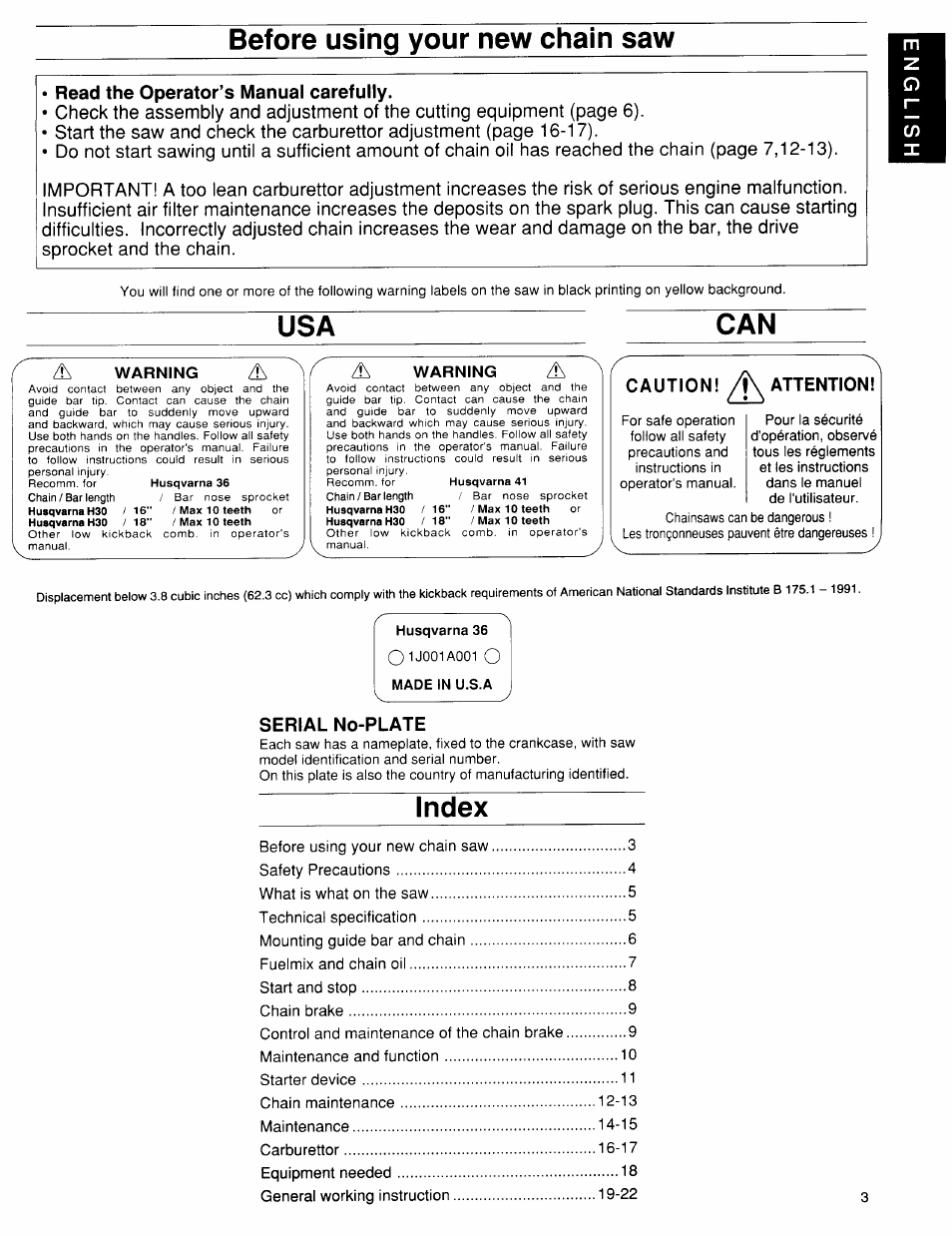 Usa can, Index, Caution! /j\ attention | Serial no-plate | Husqvarna 36 User Manual | Page 3 / 22
