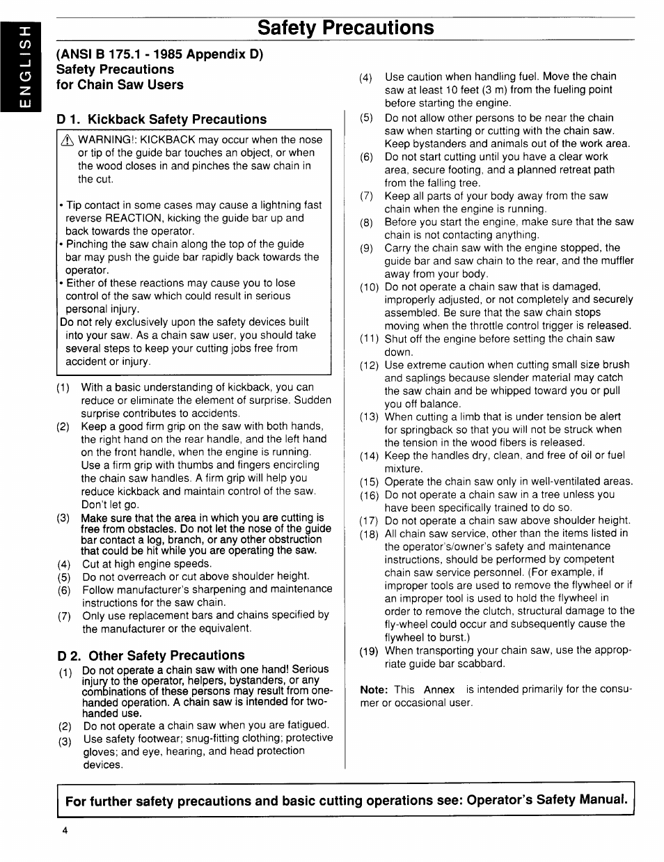 Safety precautions, D 1. kickback safety precautions, D 2. other safety precautions | Husqvarna 36 User Manual | Page 4 / 22