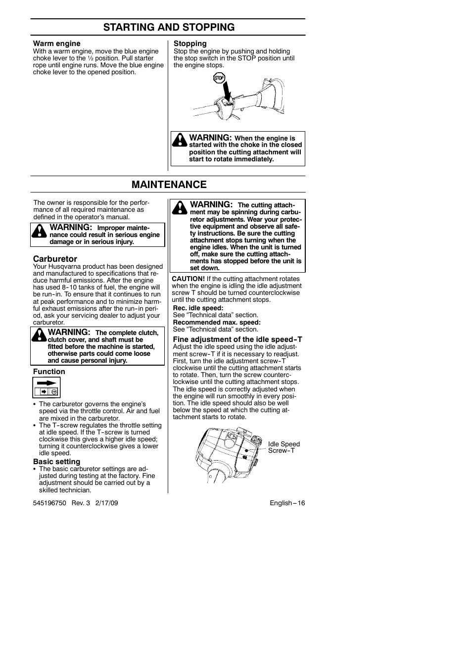 Starting and stopping, Maintenance, Warning | Carburetor | Husqvarna Trimmer 128 L User Manual | Page 16 / 24