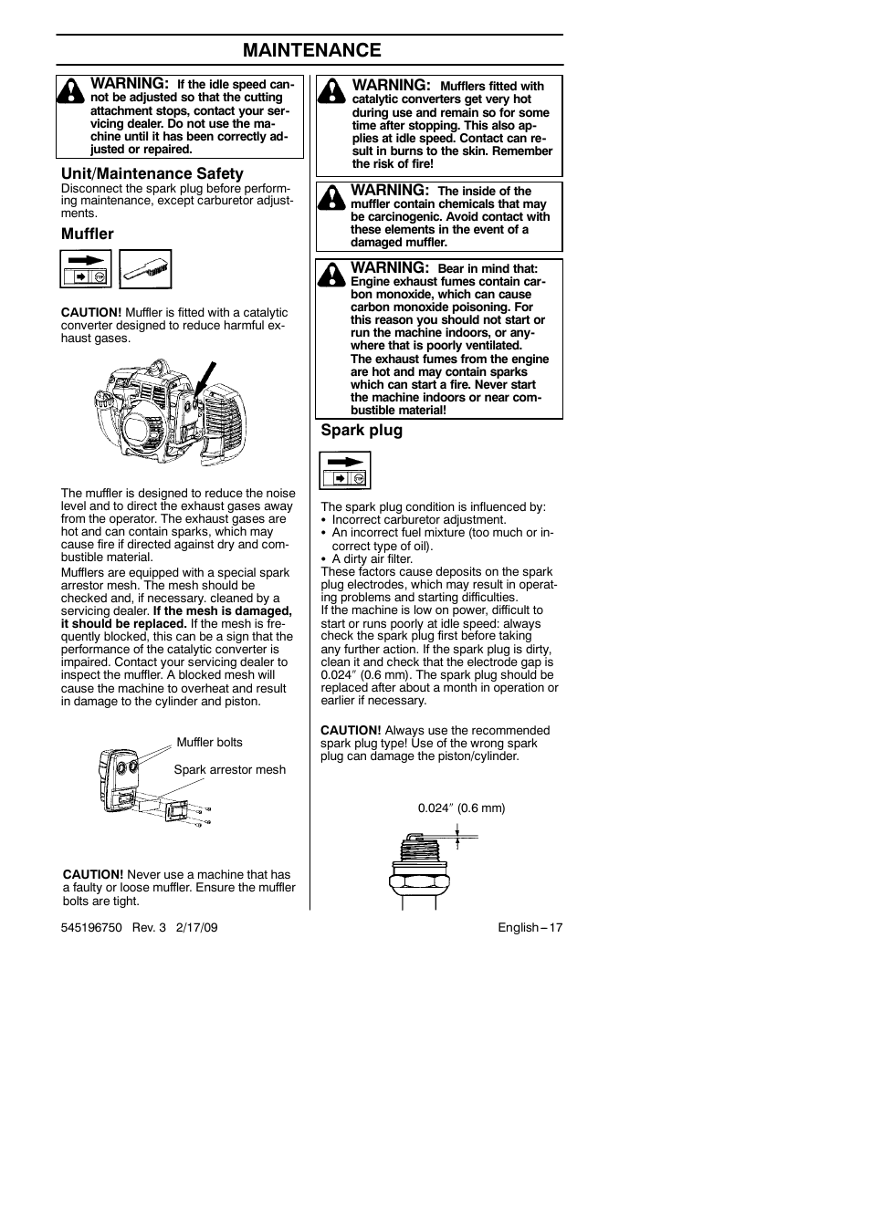 Maintenance, Warning, Unit/maintenance safety | Muffler, Spark plug | Husqvarna Trimmer 128 L User Manual | Page 17 / 24