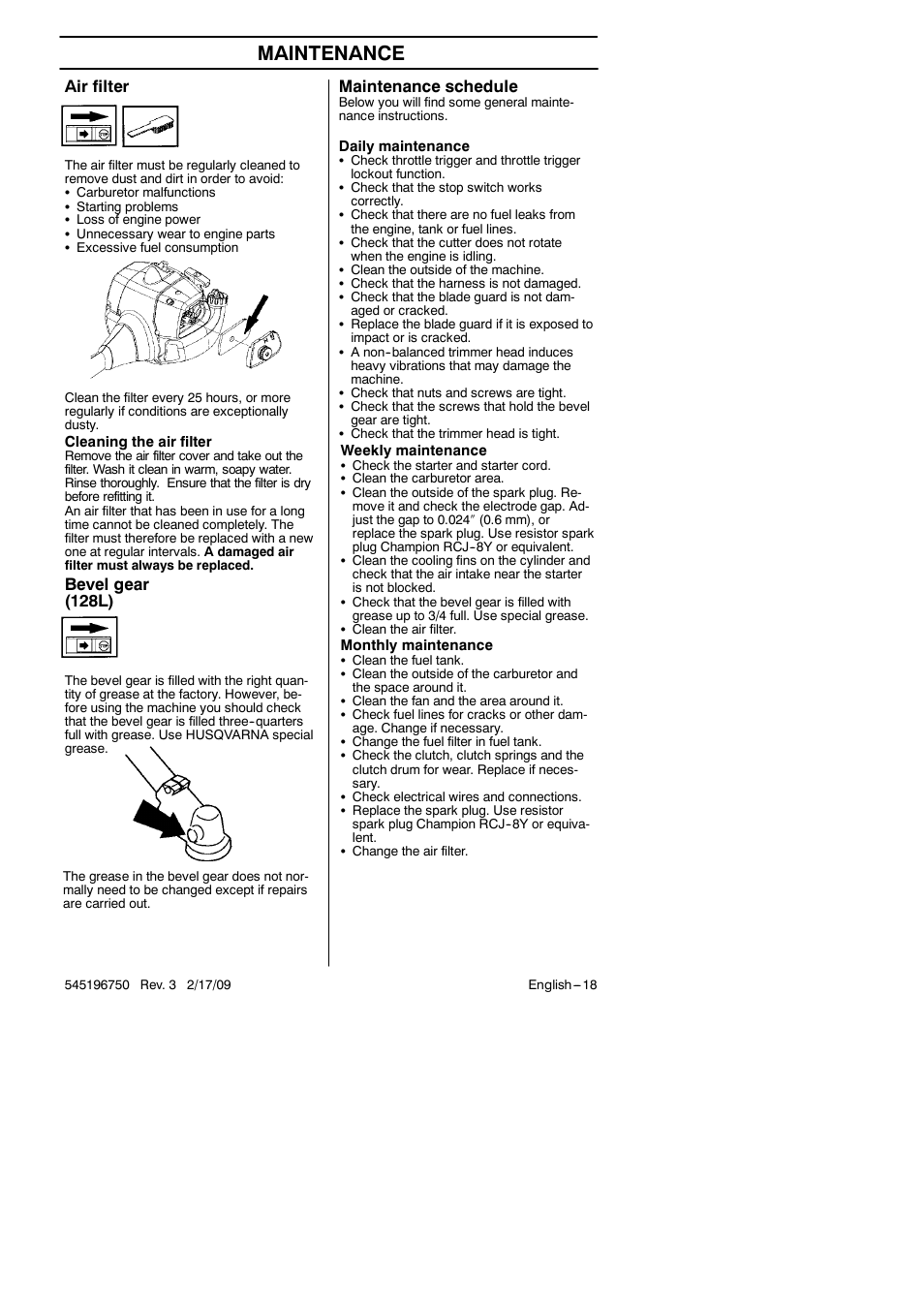 Maintenance, Air filter, Bevel gear (128l) | Maintenance schedule | Husqvarna Trimmer 128 L User Manual | Page 18 / 24