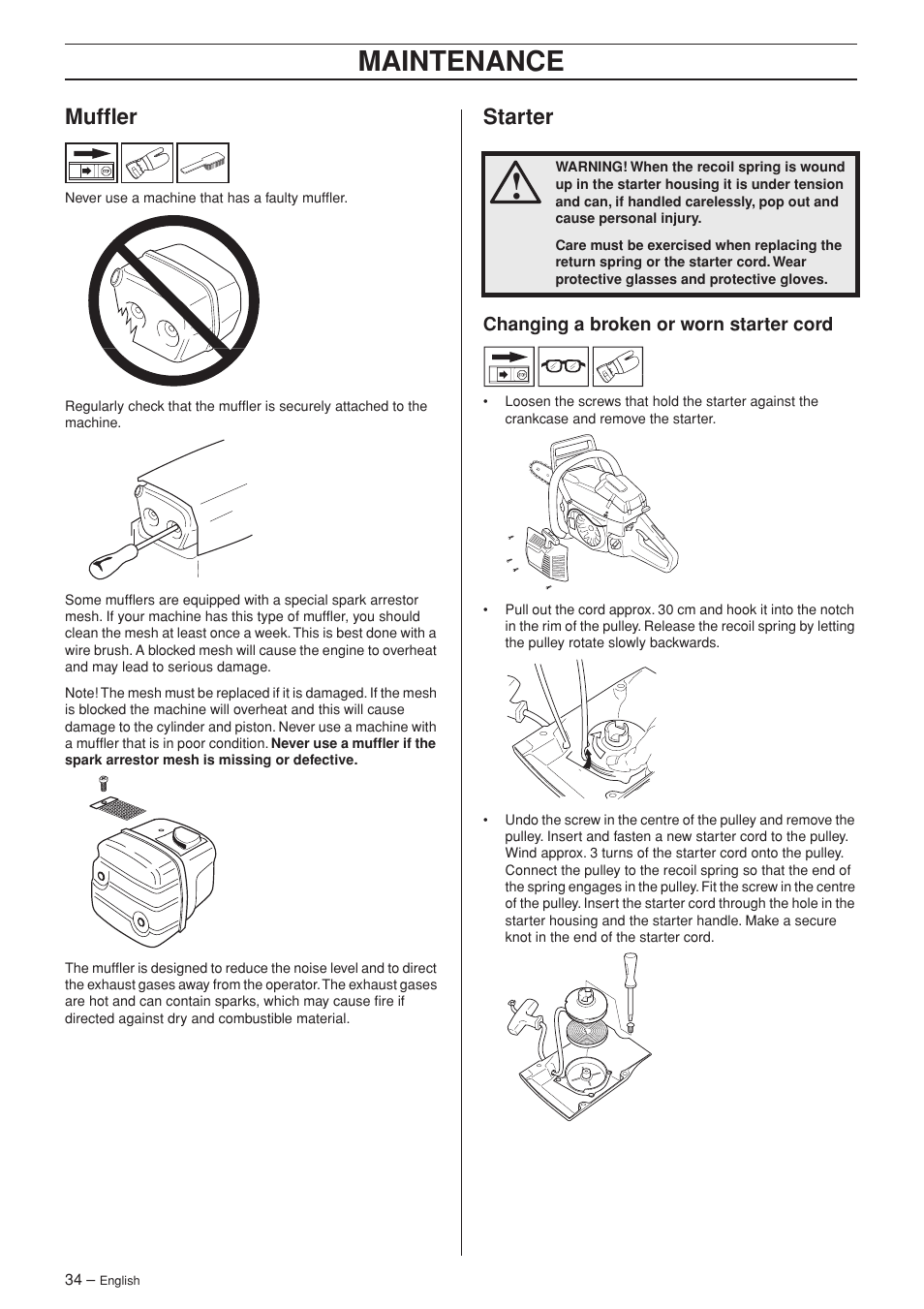 Muffler, Starter, Changing a broken or worn starter cord | Maintenance | Husqvarna 385XP User Manual | Page 34 / 44