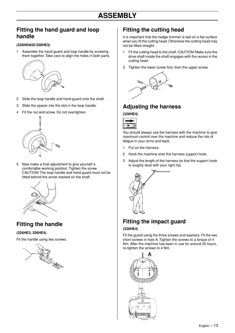Fitting the hand guard and loop handle, Fitting the handle, Fitting the cutting head | Adjusting the harness, Fitting the impact guard, Assembly | Husqvarna 326HDA User Manual | Page 13 / 24