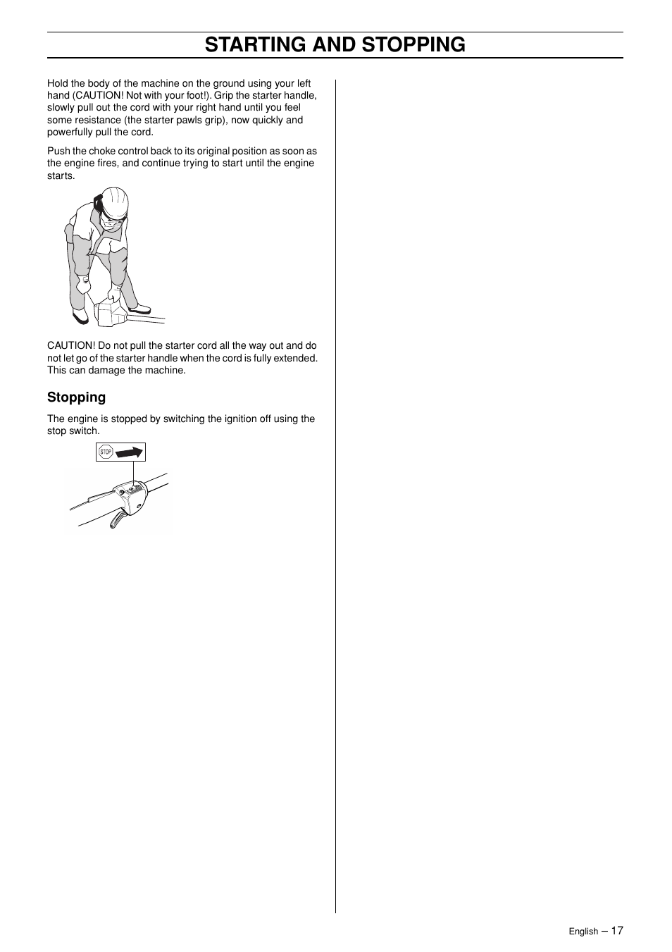 Stopping, Starting and stopping | Husqvarna 326HDA User Manual | Page 17 / 24