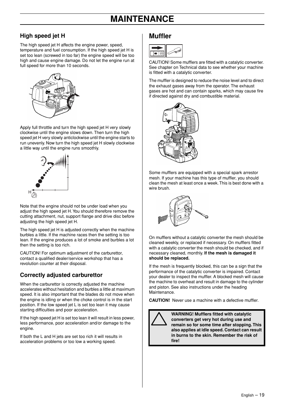 High speed jet h, Correctly adjusted carburettor, Muffler | Maintenance | Husqvarna 326HDA User Manual | Page 19 / 24