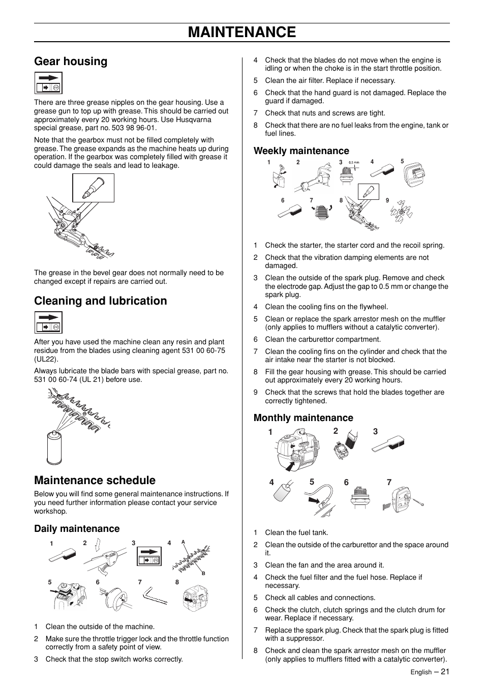Gear housing, Cleaning and lubrication, Maintenance schedule | Daily maintenance, Weekly maintenance, Monthly maintenance, Maintenance | Husqvarna 326HDA User Manual | Page 21 / 24
