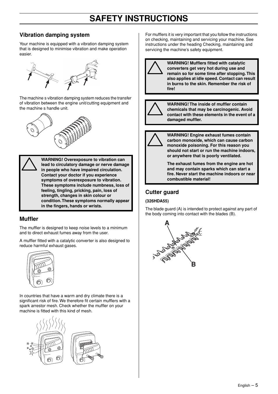 Vibration damping system, Muffler, Cutter guard | Safety instructions | Husqvarna 326HDA User Manual | Page 5 / 24