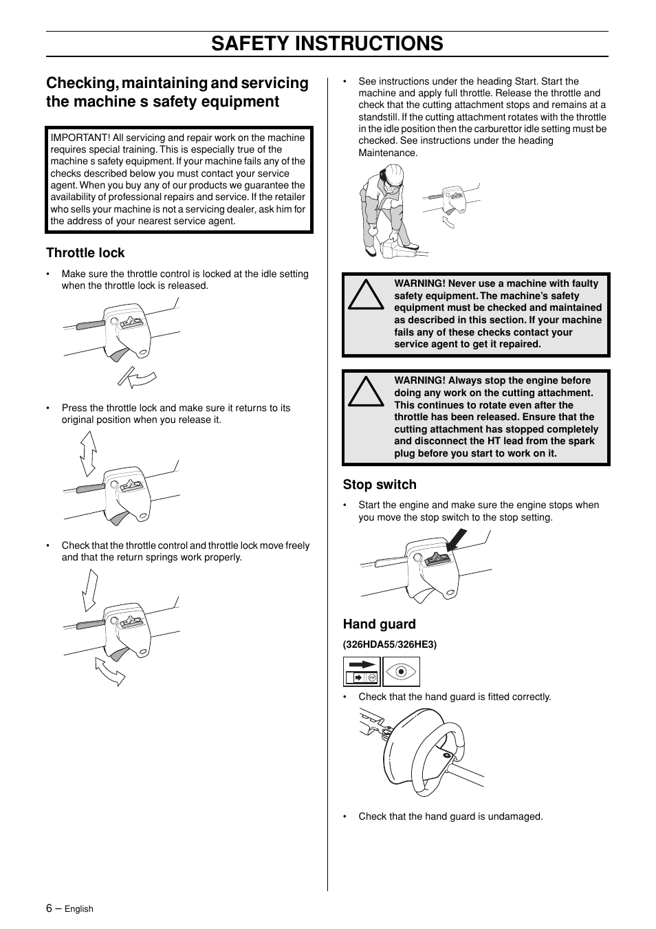 Throttle lock, Stop switch, Hand guard | Safety instructions | Husqvarna 326HDA User Manual | Page 6 / 24
