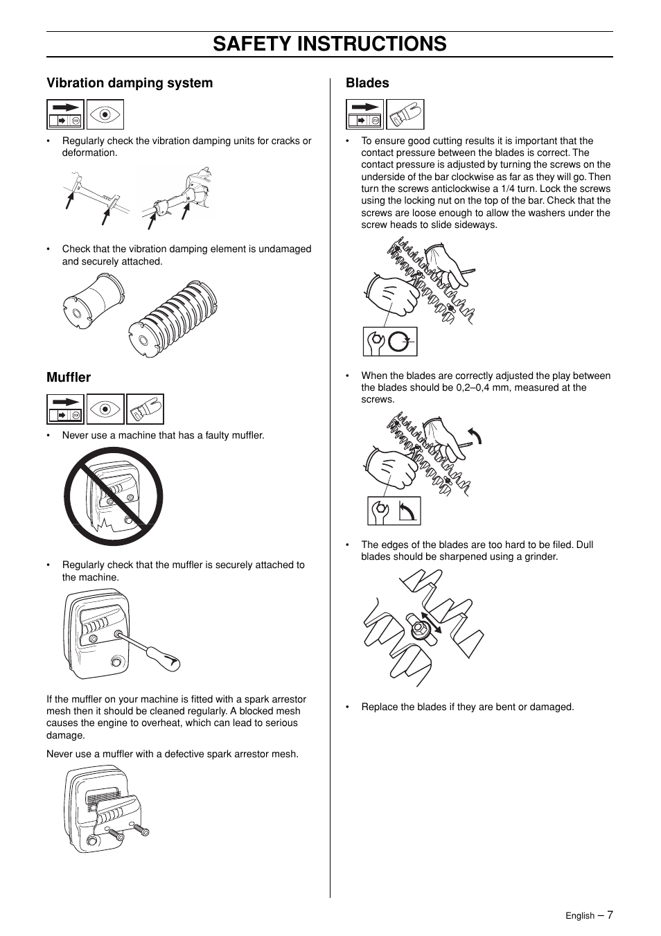 Vibration damping system, Muffler, Blades | Safety instructions | Husqvarna 326HDA User Manual | Page 7 / 24
