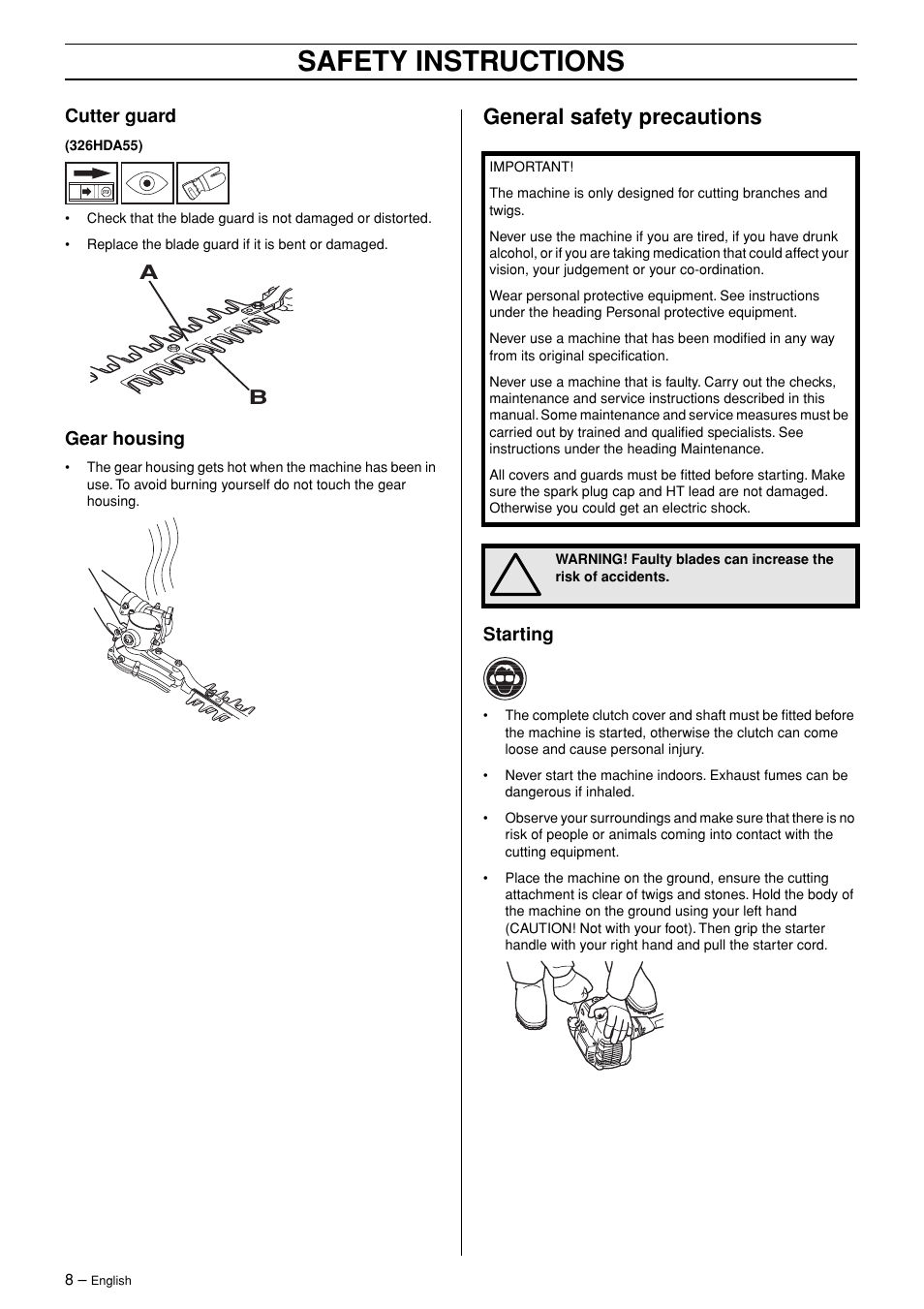 Cutter guard, Gear housing, General safety precautions | Starting, Safety instructions | Husqvarna 326HDA User Manual | Page 8 / 24