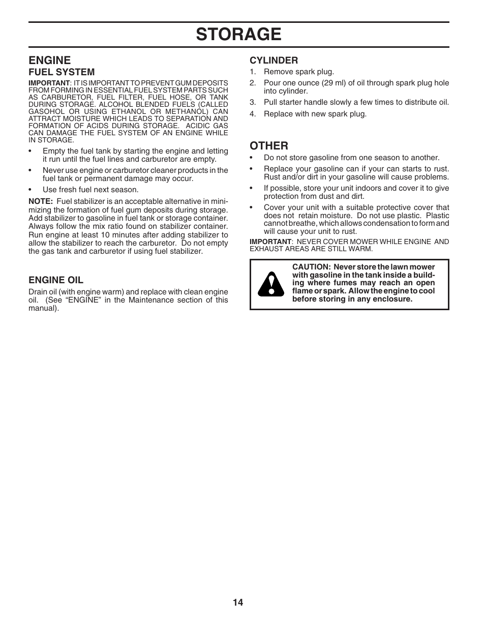 Storage, Engine, Other | Husqvarna 6021P User Manual | Page 14 / 16