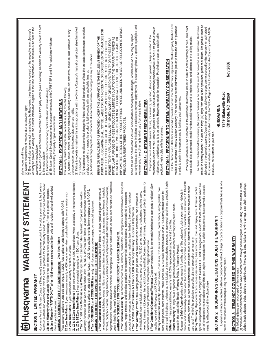 Warranty, Warranty st a tement | Husqvarna 6021P User Manual | Page 16 / 16