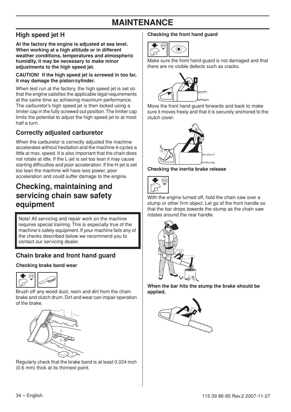 High speed jet h, Correctly adjusted carburetor, Chain brake and front hand guard | Maintenance | Husqvarna 350 epa I User Manual | Page 34 / 48