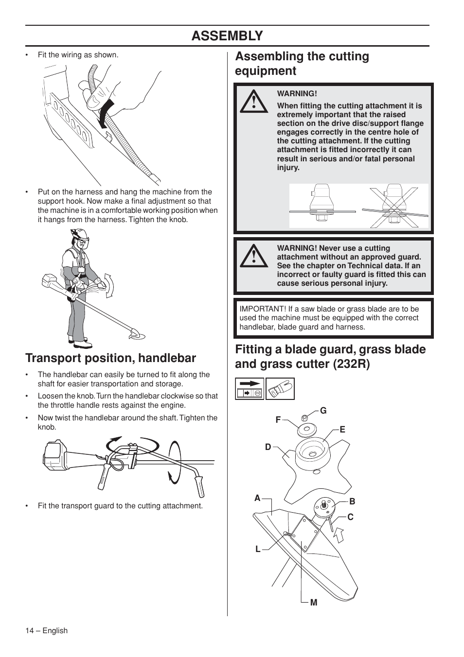 Transport position, handlebar, Assembling the cutting equipment, Assembly | Husqvarna 235R User Manual | Page 14 / 52