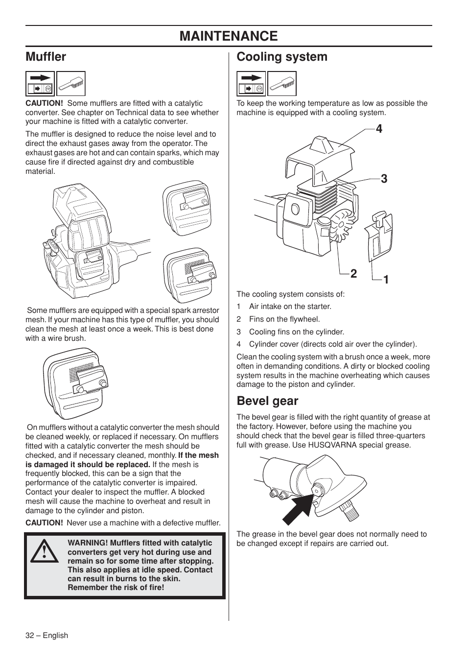 Muffler, Cooling system, Bevel gear | Maintenance | Husqvarna 235R User Manual | Page 32 / 52