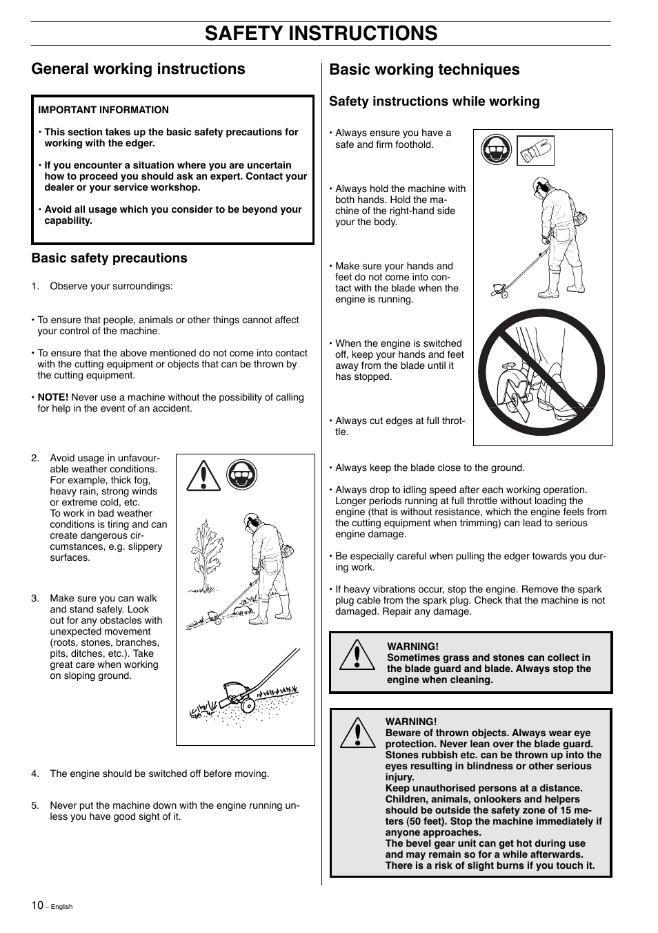 Safety instructions, General working instructions, Basic working techniques | Husqvarna 323E User Manual | Page 10 / 24