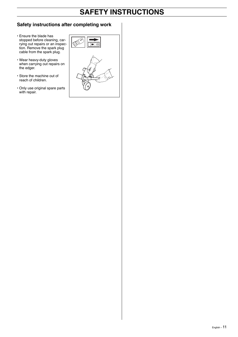 Safety instructions, Safety instructions after completing work | Husqvarna 323E User Manual | Page 11 / 24