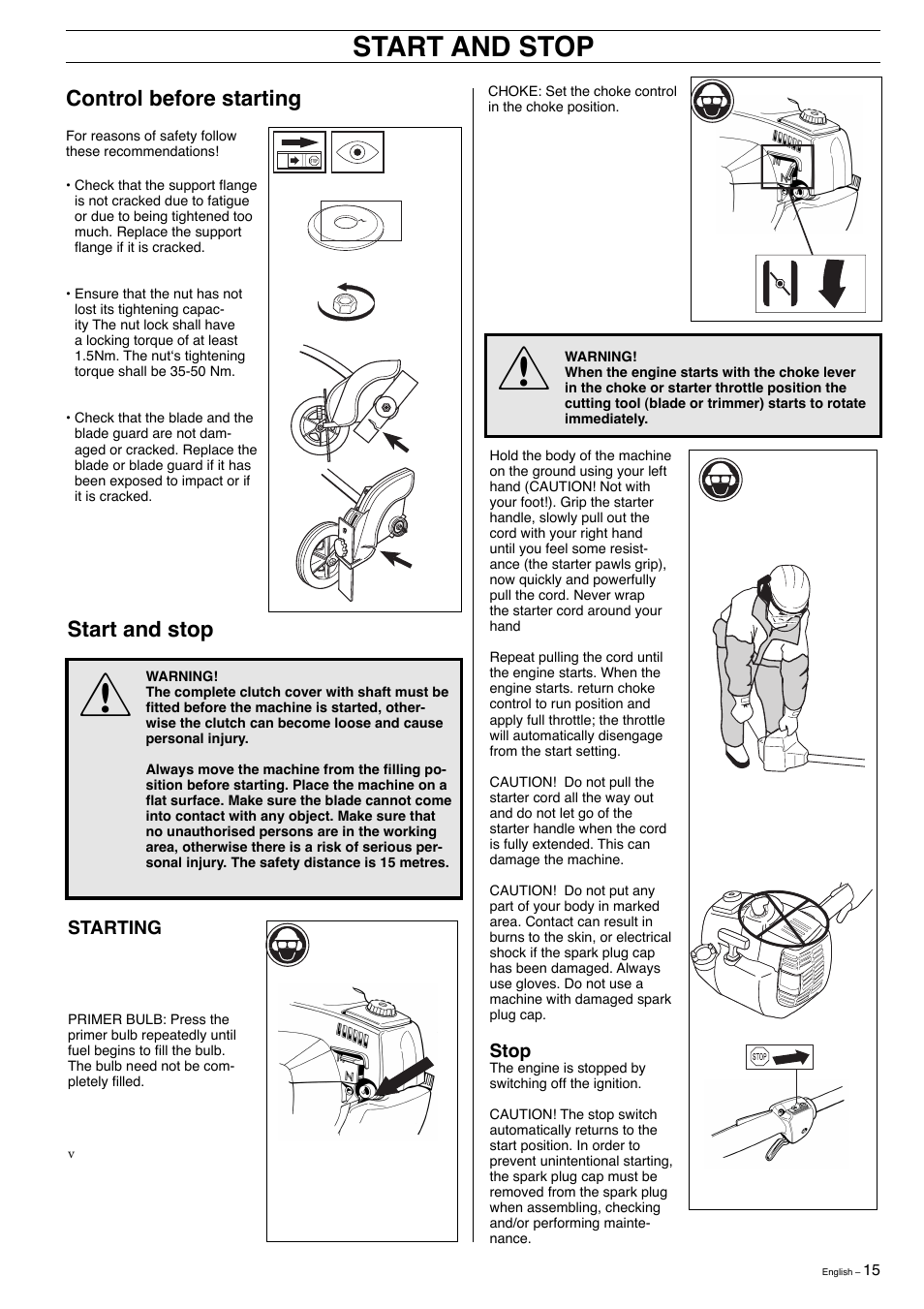 Start and stop | Husqvarna 323E User Manual | Page 15 / 24